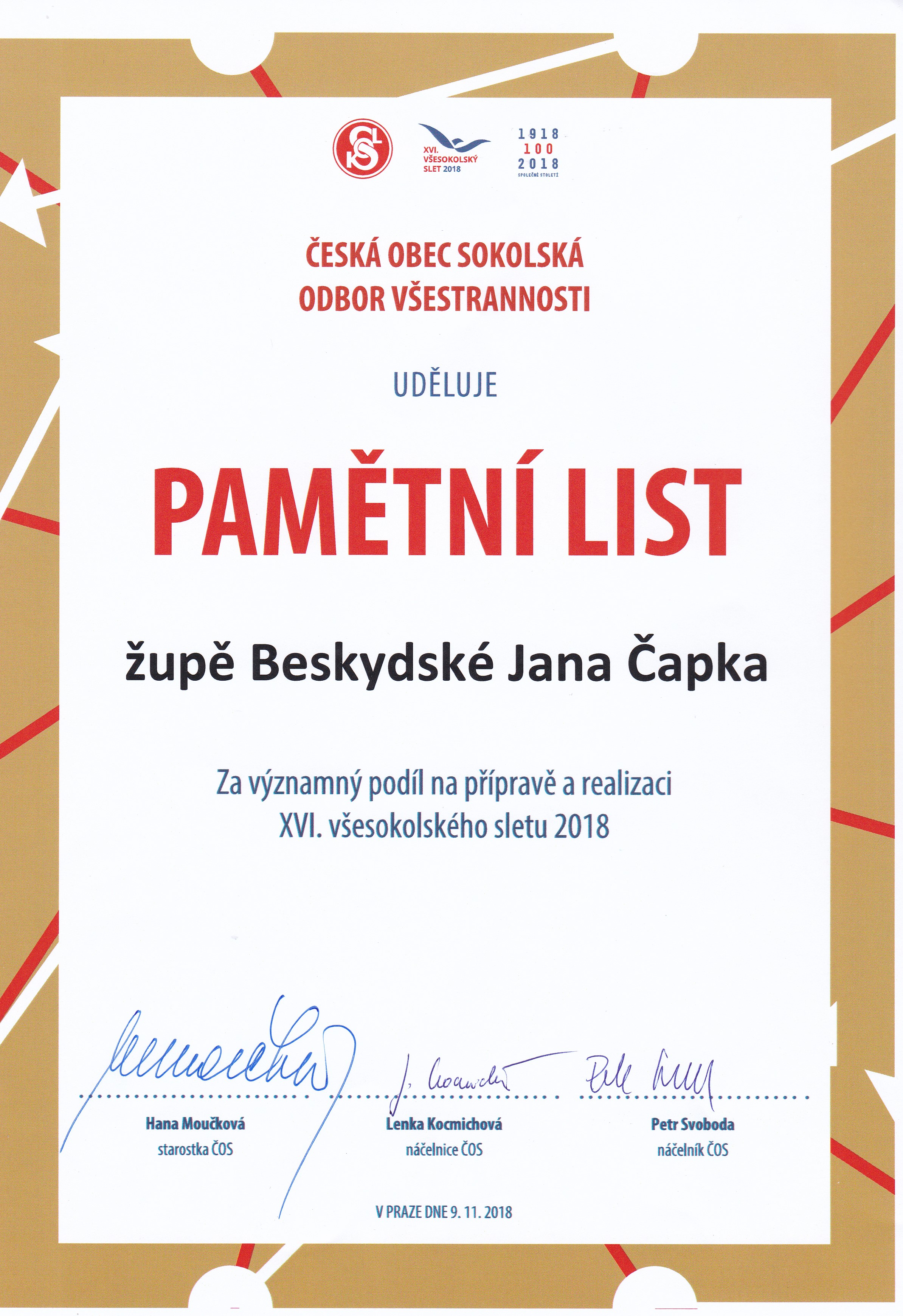 Pamětní list od ČOS